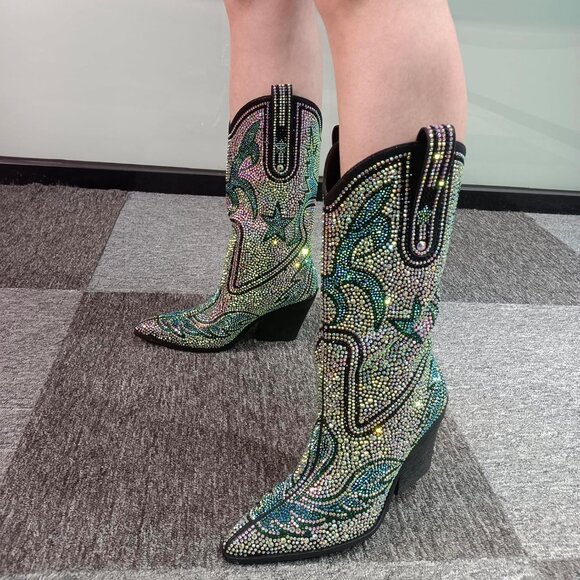 Women's Blue-green Multi-color Patterned Rhinestone Western Cowboy Mid-calf Boot - Picture 3 of 9